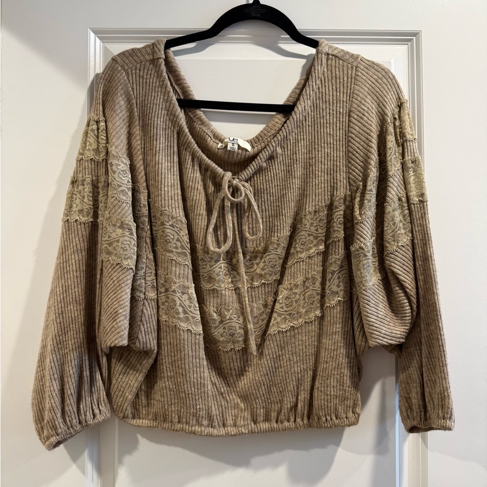 Beige Lace-Trim Ribbed Women's Top - Casual Tie-Neck